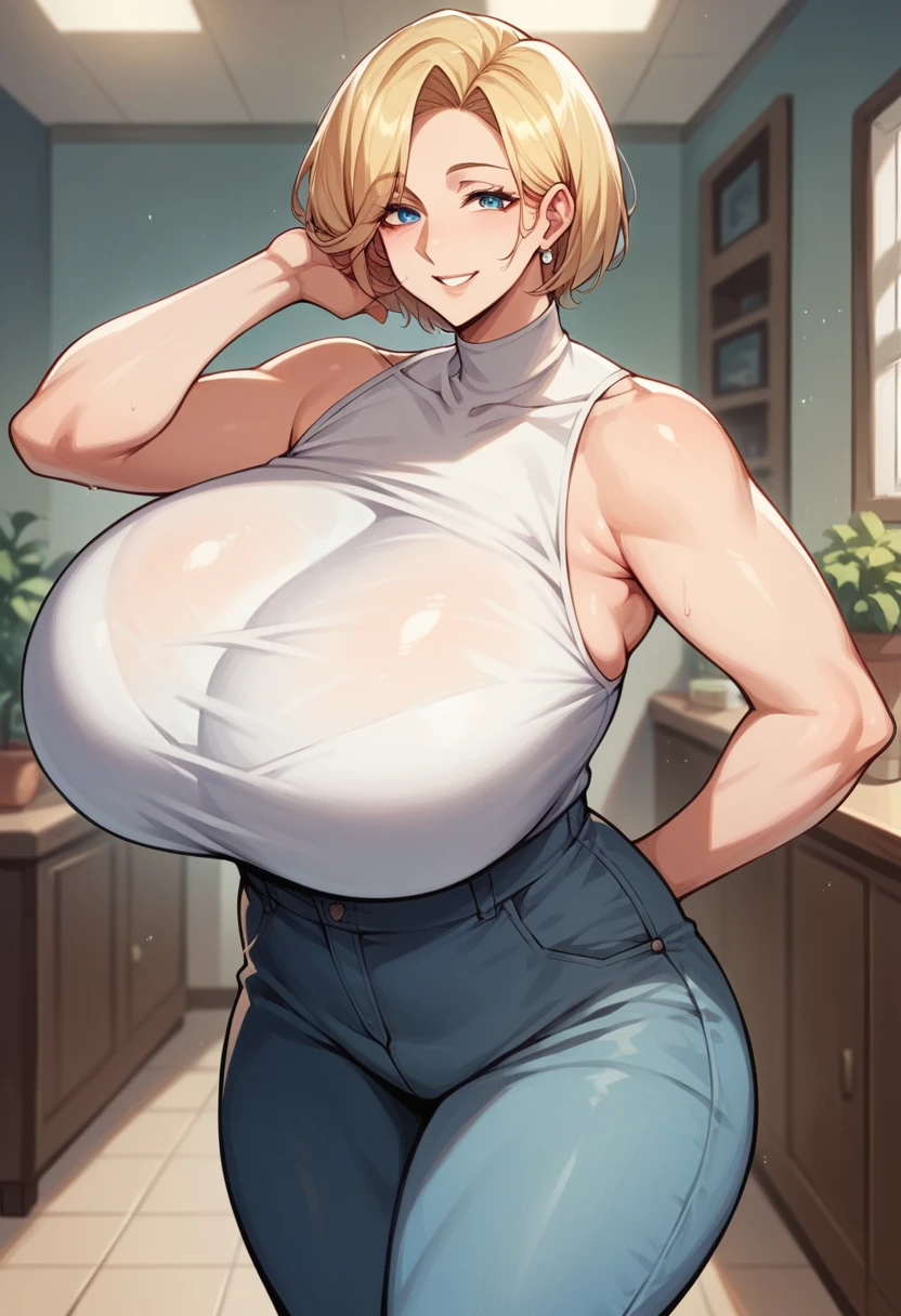 score_9, score_8_up, score_7_up, score_6_up, milf, {{Ultra-Gigantic breasts}}, wide hips, curvy, straight hair, short hair, blonde hair, blue eyes, white shirt, Sleeveless shirt, pants, indoors, standing, looking at viewer, smile