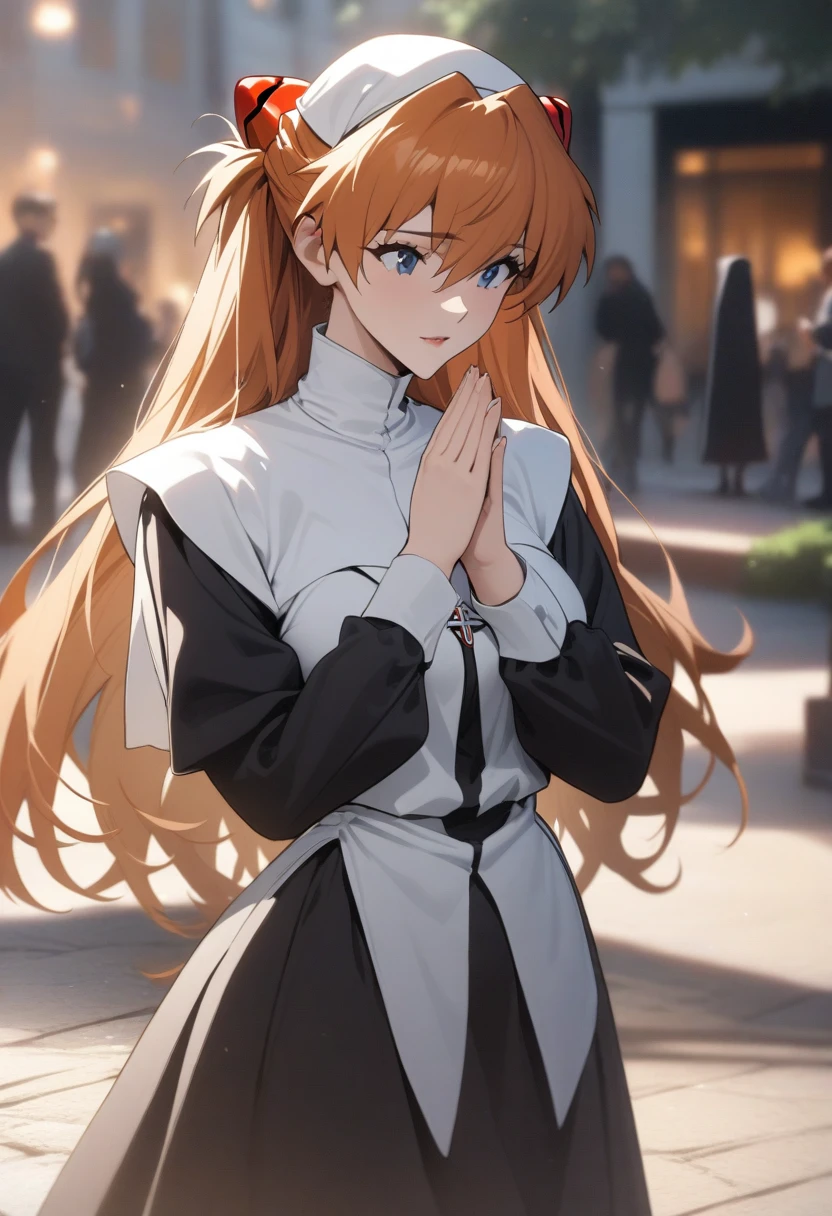 masterpiece, best quality, very aesthetic, absurdres, 1girl, mature_lady,nun_clothes, crucifix, praying, holy_light ,,souryuu asuka langley, neon genesis evangelion, rebuild of evangelion, long orange hair,,in a plaza,blur background,background defocus,