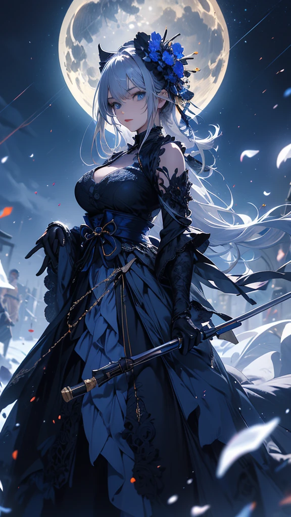 masterpiece, high quality, 4K, Beautiful design, silhouette，Gray Hair， 非常に詳細な夜のStarry Sky,Flower Field， wonderful, Finer details,  Very knowledgeable woman, Highly detailed solo, 1 female,blue eyes，Big Breasts，Gothic ****ta Fashion，Night view，Starry Sky，Blue Full Moon，