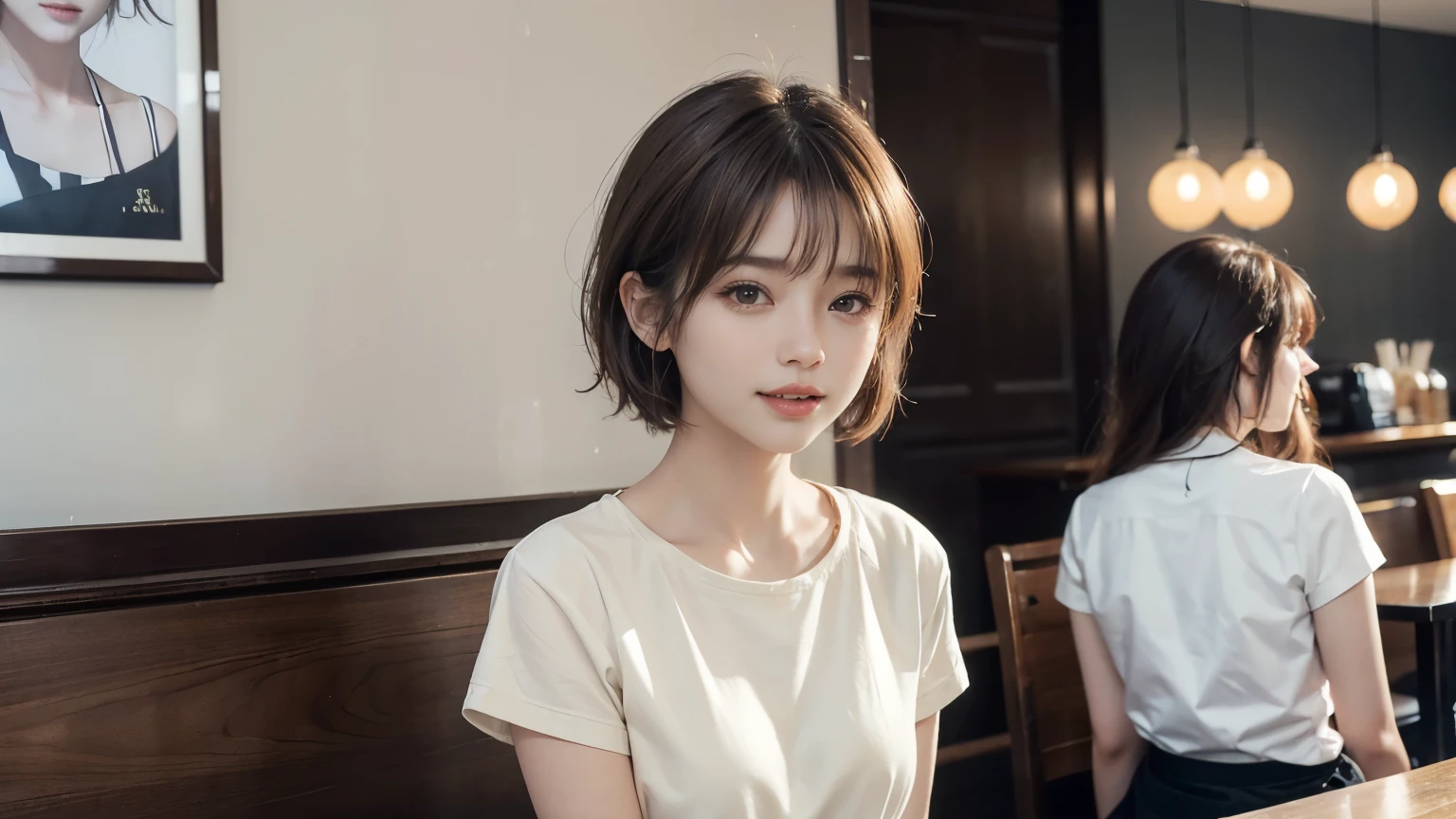 super high quality, short hair, thin, Gravure photo session, The staff is working at the counter in the back.., (8k、RAW Photos、Highest quality、masterpiece:1.2), Japanese Idols, Stylish cafe, People having fun at the cafe々Bustling with., (Realistic、Realistic:1.37), Bob Hair, Mesh Hair, Urban Cafe, Golden Ratio, RAW Photos, Cute Face , Light brown hair, Small breasts, Bright cafe interior, Spring Clothes, Cafe Terrace, Open Cafe, A kind smile, Hair blowing in the wind, Dress neatly, boyish, T-Shirts, 18-year-old, younger sister, Fashionable clothes,