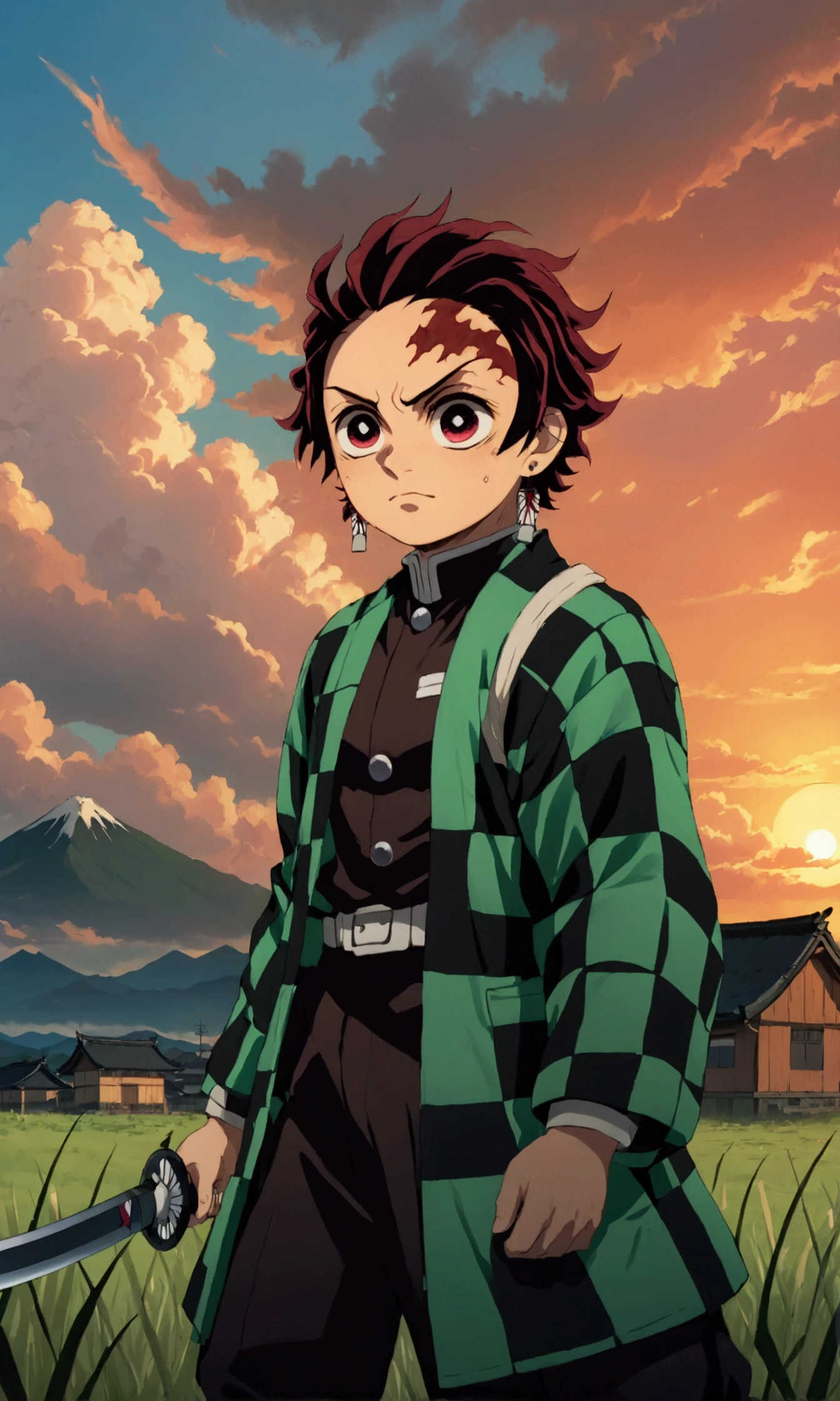 kimetsu no yaiba style, kamado tanjiro, demon slayer uniform, 1boy, male focus, scar on face, weapon, scar, earrings, teeth, jewelry, pants,  scar on forehead, brown hair, belt, black pants, japanese clothes, haori, green haori, solo, red eyes, long sleeves, anime coloring,  ((masterpiece))