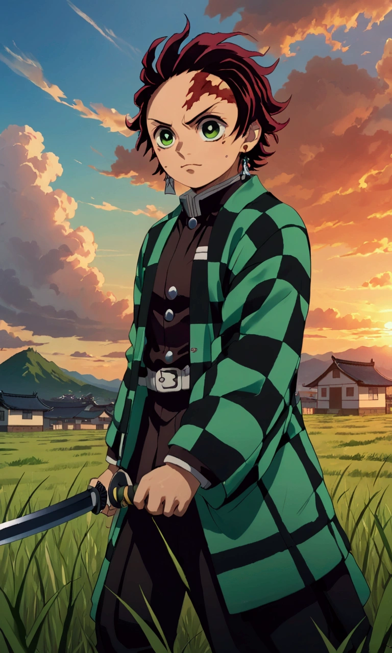 Tanjiro wearing full demon slayer uniform (green and black checkered coat), scar on forhead, holding katana, standing in the plain grass looing up in to the sky with pure blue clouds and the clouds are forming, sunset, beautiful sky, burning japanese village in the background, focus on tanjiro, blured background, gush of wind cloud around tanjro