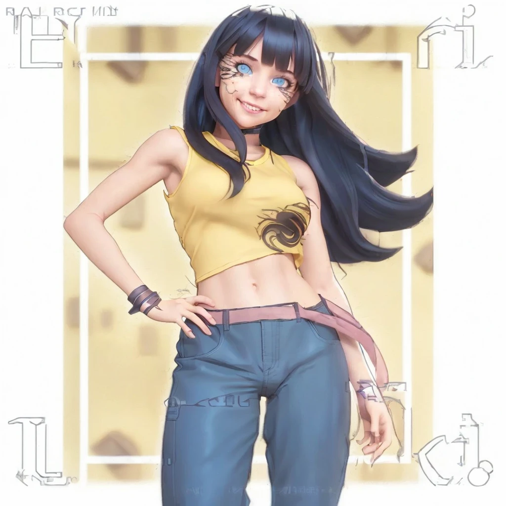 a girl, cinematic lighting, realistic, medium contrast, high lighting, facial details, intricate details, color details, 3D images, beautiful face, smile, a ninja, long black hair, middle bangs, blue eyes looking to the front, pink mouth, 2 smooth arm, short yellow sleeveless shirt, 2 arms, armpit, big breasts