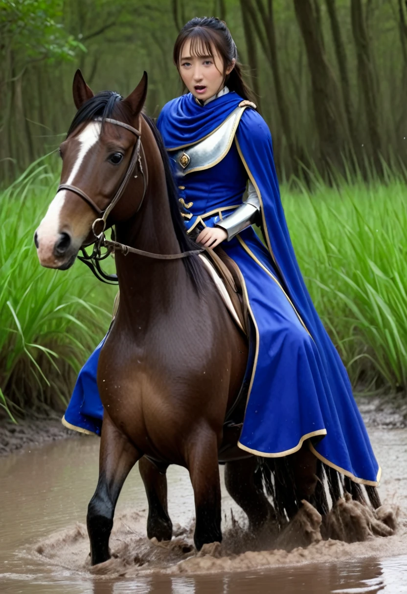 (((masterpiece))),(((Highest quality))),((Tabletop:1.4, Highest quality)), (Realな写真:1.4), in the muddy river,dirty swamp,horse ridden by girl fall over swamp,Sweaty girl,
((1 cute girl knight)),rodeo,horse standing,Surprised face,stumble,aggressive,slouch,horse standing, prancing horse in pitfall,cute,Napoléon horse sliped in pitfall,in the pitfall,Uplifting,Knight Princess,
(超High resolution:1.2),, wonderful, Very detailed CG Unity 8k wallpaper, Very detailed, High resolution,fat horse ridden by japanese girl,Double,Royal blue armor, cape and crown,Soaking in the swamp,Mud Splash,
Soft Light, Beautiful detailed girl, Droopy eyes,Very detailedな目と顔, Beautiful and exquisite nose, Beautiful and exquisite, horse ridden by a girl can't stand up because its drowned in the sticky muddy pitfall:10.0 ,Displeased face:4.0,Real,Stir,Anatomically correct,action horse riding scene while struggle fighting
