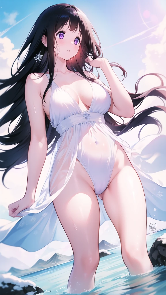 Chitanda,只有一个beautiful girl,Purple Eyes, Black Hair, Natural straight hair, Straight bangs,Extremely refined,open your lips,Face is so red,Very white skin,Skin as delicate as porcelain,Glowing skin,big eyes,Flowing long hair,beautiful girl, Like a dream,Slim,Slim waist,Soft, (Sensual), (Kawaii), Dream quality,Sweaty and sweaty,Wet skin,Side breasts,snowflake,Playing in the snow on the snow mountain,Looking up,Looking up,Thighs clamp hands,It's covered in water,Hands reach into your pants,White transparent dress,Profile,(Completely naked),Gluteal groove,The outline of the breasts is visible through clothing,Completely naked的背部,nacked hip,very close,Deep V neckline,Loose neckline,Beautiful big breasts,No pants,nopan,no pants,Bare shoulders,There are no shoulder straps,Exposed collarbone,Delicate clavicle,Delicate hands and feet,Bare neck,There are no clothes around the neck,Bare thighs,Exposed groin,Camel toe,extremely shy,Ultra-high resolution, (masterpiece:1.2, best quality), (Delicate and beautiful eyes: 1.2), (Beautiful and delicate face)