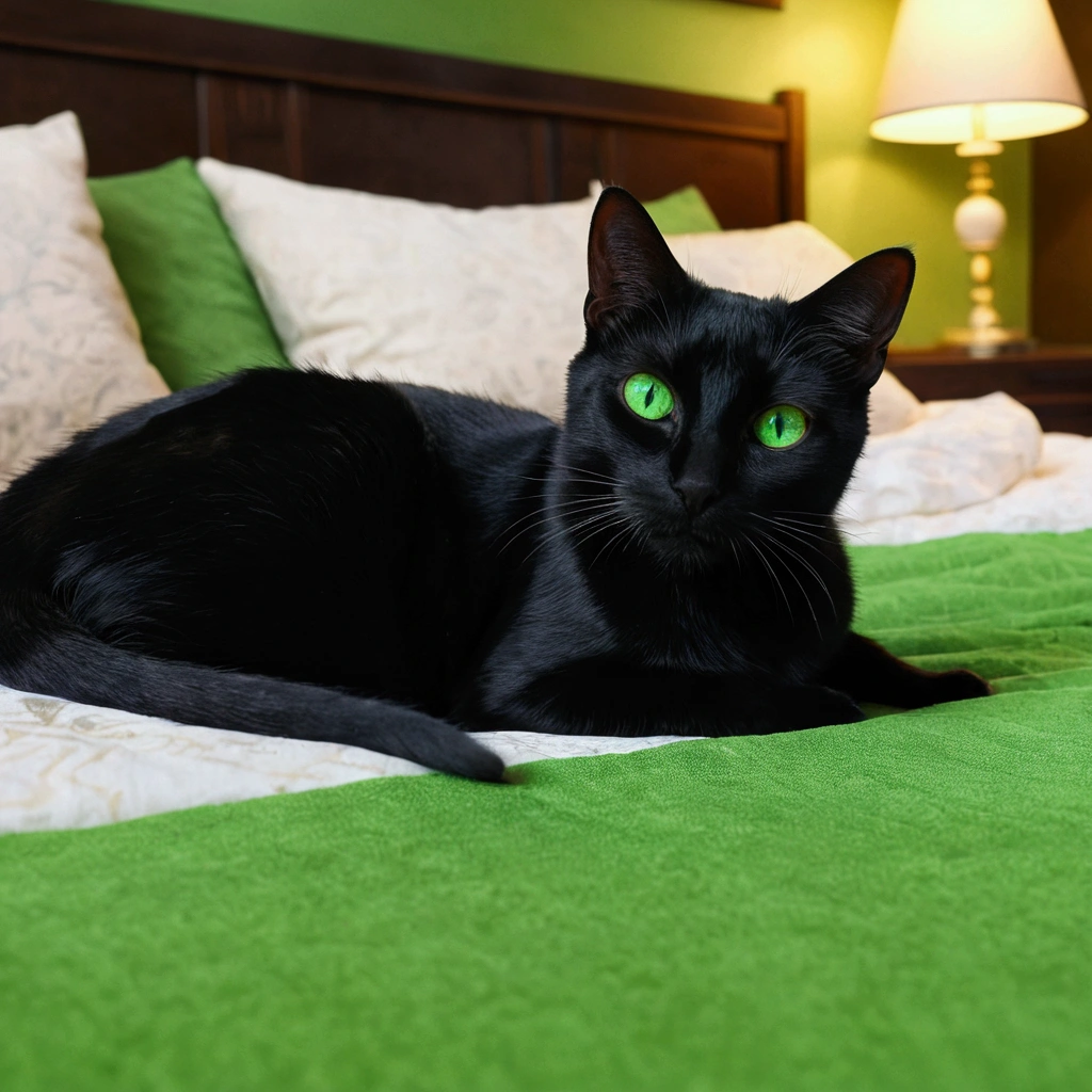 (masterpiece, best quality, vivid colors:1.2), An adult black cat with green eyes lying very comfortably on a bed with cushions,1cat female, (Alone), very detailed and beautiful eyes, anime screencap, the bottom is a room, high detail, high resolution, UHD, 4k, 8k