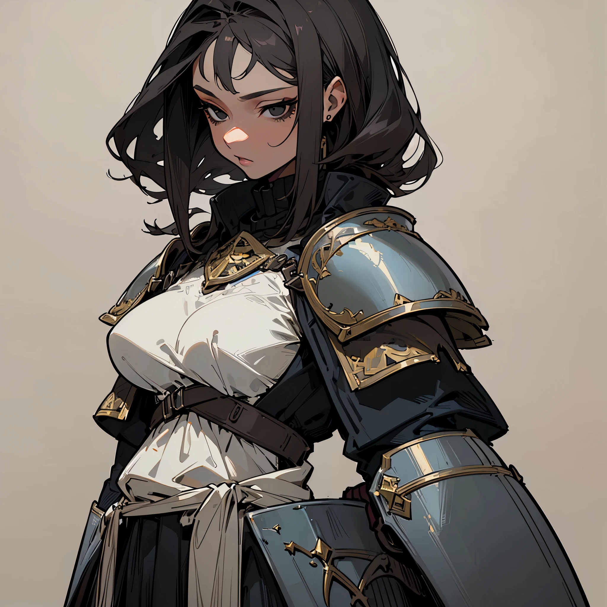 (top quality, masterpiece) 1 woman, adult, ((light-skinned woman, dark bob hair, hair hangs over ears)) black eyes, big breasts ((dark armor, knight style, iron details)) (tavern background) (serious look)