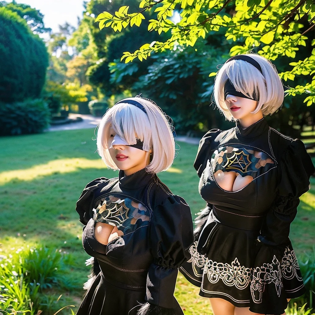 2_B, beautiful girl,  2_B, (blindfold:1.2), white hair, short hair, black short dress, (cleavage cutout:1.2),(gigantic breasts:1.3),puffy sleeves, upper body, long sleeves, mole under mouth, juliet sleeves, standing, black hairband, cleavage, black thighhighs, outdoors, sunshine, lawn, flowers, sunny, lake, park,1girl,solo