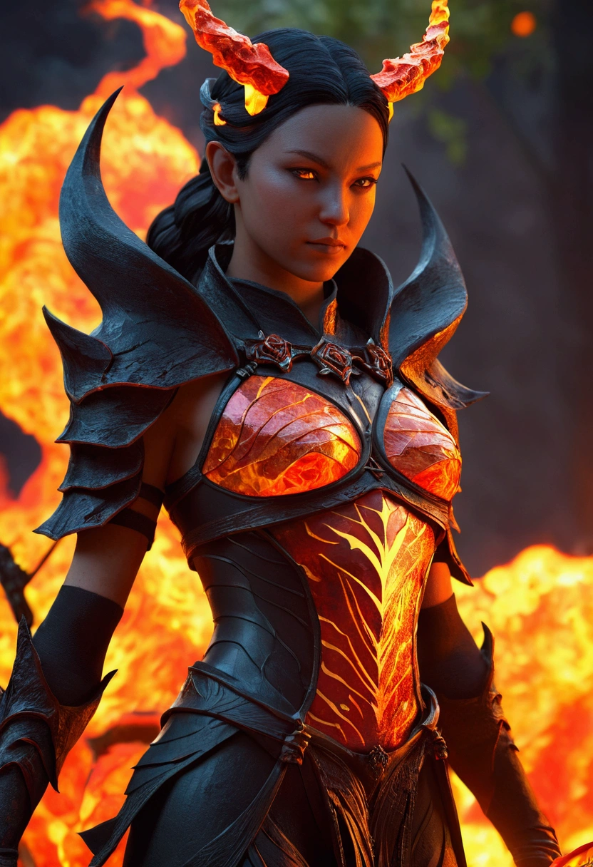 a close up of a person with a bow and a bow, a low poly render by Lisa Nankivil, polycount contest winner, fantasy art, lava and fire goddess, flame conjuring armored, fire mage, fire demon, black fire color reflected armor, appears as the fire goddess, infernal nymph, infernal nymph!!!, fire elemental