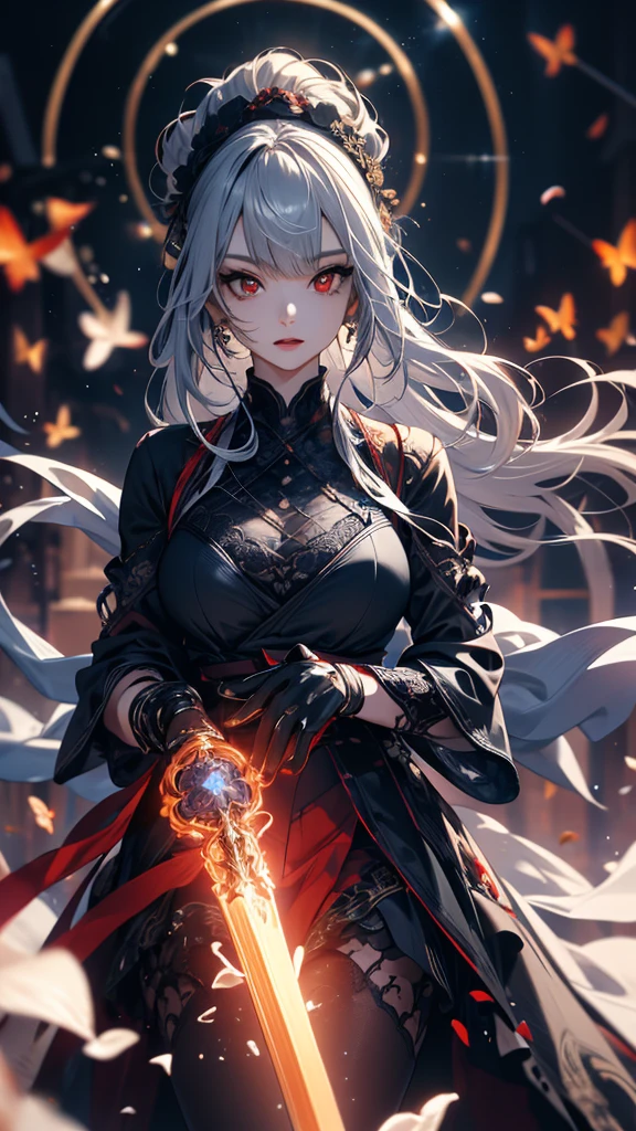 masterpiece, high quality, 4K, Beautiful design, silhouette,Gray Hair, 非常に詳細な夜のStarry Sky,Flower Field, wonderful, Finer details, Very knowledgeable woman, Highly detailed solo, 1 female,Red eyes,Big Breasts,Blue Gothic Lolita Fashion,Night view,Starry Sky,Red full moon,
