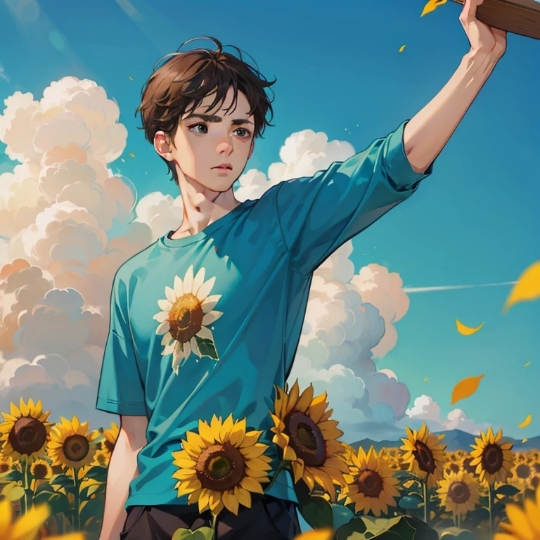 Best quality, masterpiece, potrait, avatar, half-body, 1 man, male, man focus, man only, short brown hair, turquoise eyes, simple T-shirt, 3/4 side, bright eyes, brilliant scene, sky, looking down, looking at the viewers, sunflower field background, flying petals