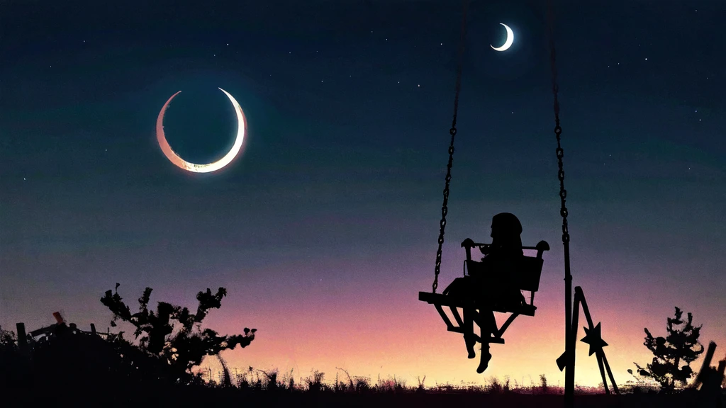 Eerie Illustration.
Make a night view of a park on a star-filled night.
A girl with long, straight hair sits on a swing in the corner of the screen, silhouetted against a large crescent moon.
There is other playground equipment.
The mood should be mysterious, with elements of serenity and eeriness mixed in.
A little horror.