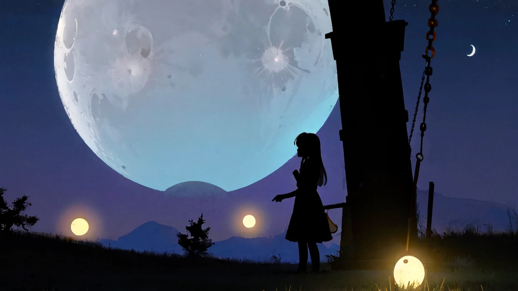 Eerie Illustration.
Make a night view of a park on a star-filled night.
A girl with long, straight hair sits on a swing in the corner of the screen, silhouetted against a large crescent moon.
There is other playground equipment.
The mood should be mysterious, with elements of serenity and eeriness mixed in.
A little horror.