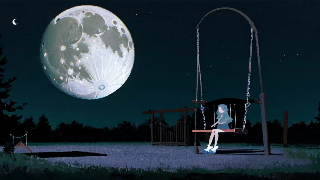 Eerie Illustration.
Make a night view of a park on a star-filled night.
A girl with long, straight hair sits on a swing in the corner of the screen, silhouetted against a large crescent moon.
There is other playground equipment.
The mood should be mysterious, with elements of serenity and eeriness mixed in.
A little horror.