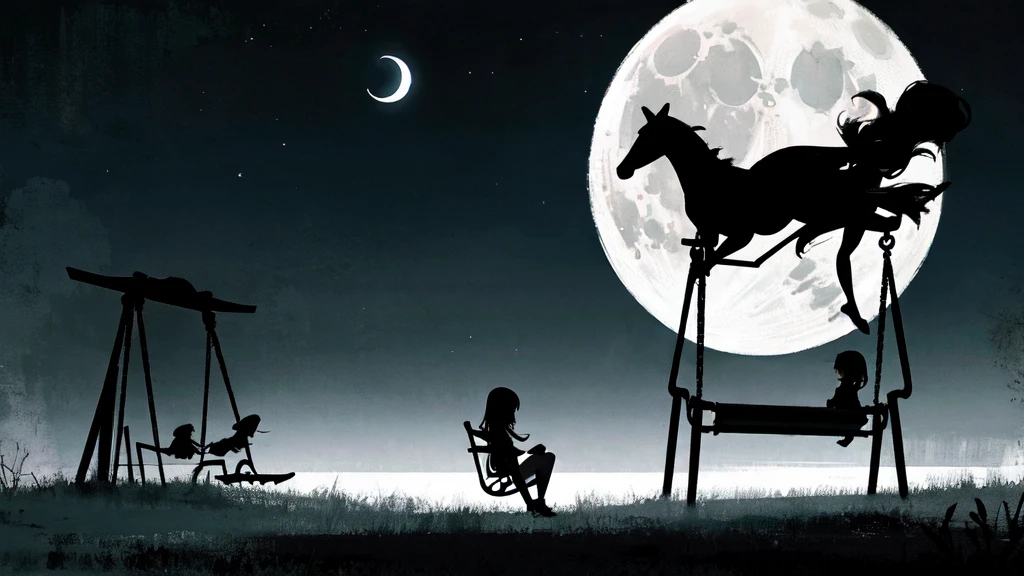 Eerie Illustration.
Make a night view of a park on a star-filled night.
A girl with long, straight hair sits on a swing in the corner of the screen, silhouetted against a large crescent moon.
There is other playground equipment.
The mood should be mysterious, with elements of serenity and eeriness mixed in.
A little horror.