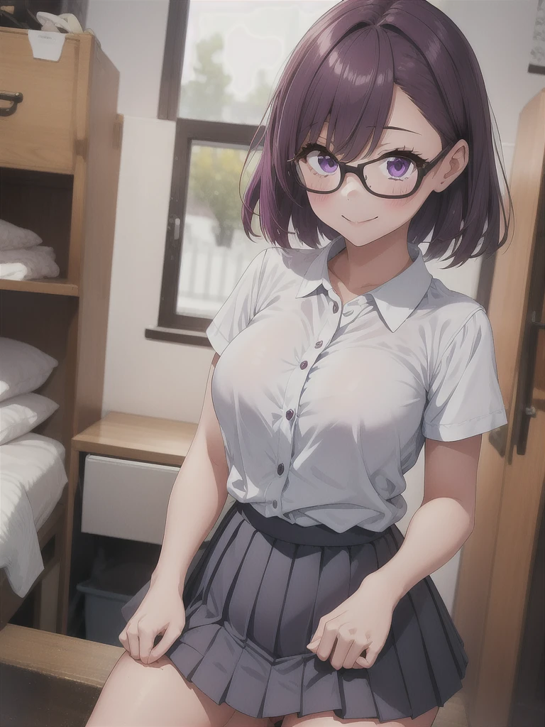 1girl, cowboy shot,porn, smile, glasses, 
nitengojigen_ririsa, purple eyes, purple hair, short hair, bangs, lace underwear, short sleeves, Show your breasts,sex, pleated skirt, best quality, masterpiece, highres, sleep position,