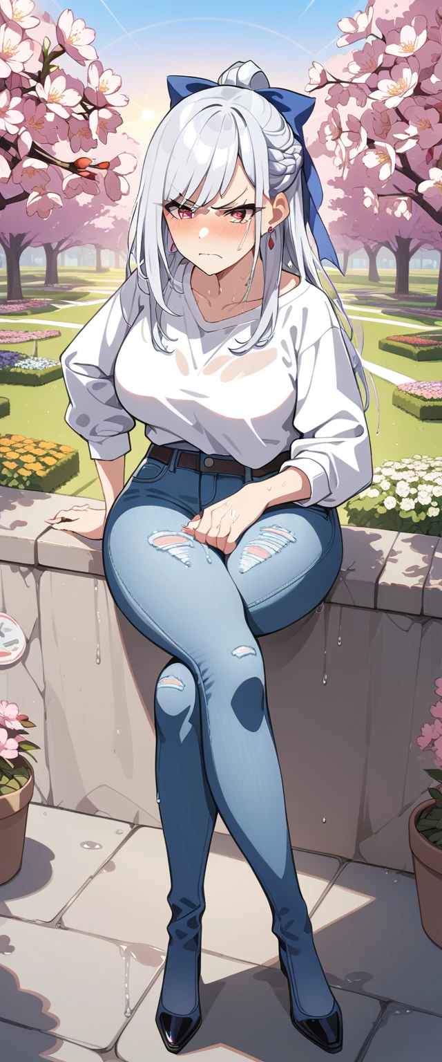 (masterpiece:1.37), best quality, (extremely detailed:1.37), (1girl:1.5), woman, (mature:1.5), (adult:1.5), jingliu, white hair, long hair, ponytail, hair ribbon, red eyes, earrings, jewelry, (jeans:1.25), (extremely detailed eyes:1.37), (wetting self:1.75), desperation, (standing:1.75), embarrassed, humiliation, blushing, (angry:1.5), cherry blossoms, garden, (golden hour:1.5), full body, (crossing legs:1.75), from above