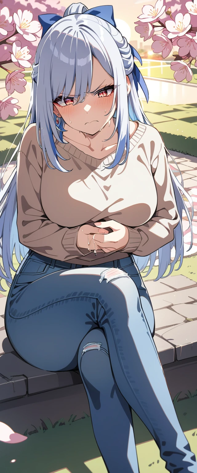 1 girl, loli, wearing white sleeveless sweater, no pants nude, white short hair, cat ears, (bangs covering right eye:1.5), blue eyes, in a small alley, Embarrassed, blushing, hentai, sit on the floor, (crotch exposed:1.5), (detailed), ((best quality)), (female masturbation:1.5)