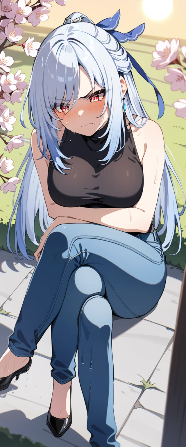 (masterpiece:1.37), best quality, (extremely detailed:1.37), (1girl:1.5), woman, (mature:1.5), (adult:1.5), jingliu, white hair, long hair, ponytail, hair ribbon, red eyes, earrings, jewelry, (jeans:1.25), (extremely detailed eyes:1.37), (wetting self:1.75), desperation, (standing:1.75), embarrassed, humiliation, blushing, (angry:1.5), cherry blossoms, garden, (golden hour:1.5), full body, (crossing legs:1.75), from above