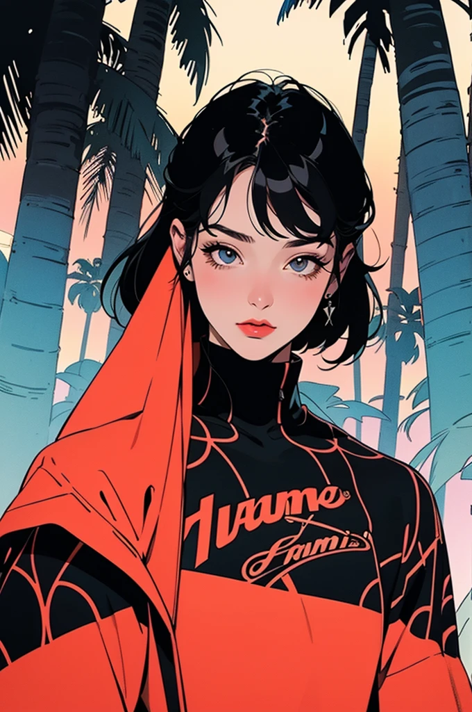 retro girl, Miami, sunset, Ferrari, palm tree, 90's, (flat colors, flat texture, lineart:1.2), graphical design, (heavy ink, ink blacks),