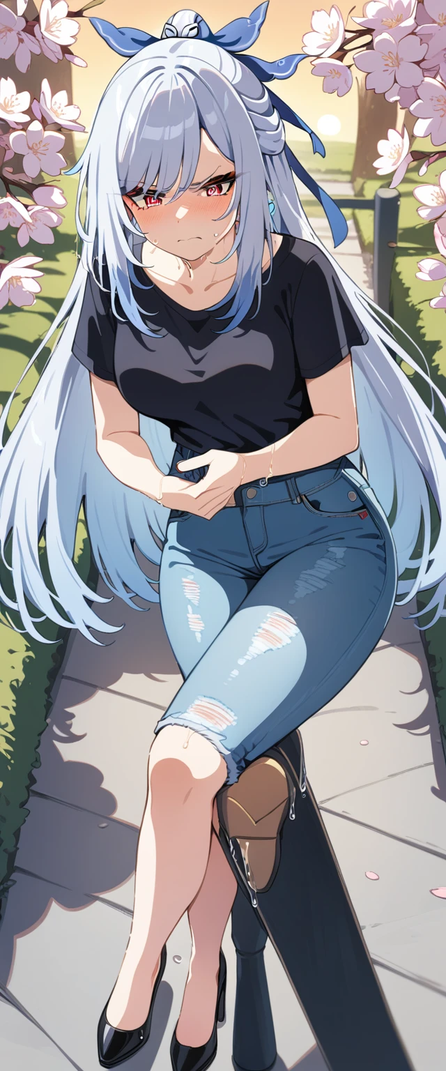 (masterpiece:1.37), best quality, (extremely detailed:1.37), (1girl:1.5), woman, (mature:1.5), (adult:1.5), jingliu, white hair, long hair, ponytail, hair ribbon, red eyes, earrings, jewelry, (jeans:1.25), (extremely detailed eyes:1.37), (wetting self:1.75), desperation, (standing:1.75), embarrassed, humiliation, blushing, (angry:1.5), cherry blossoms, garden, (golden hour:1.5), full body, (crossing legs:1.75), from above