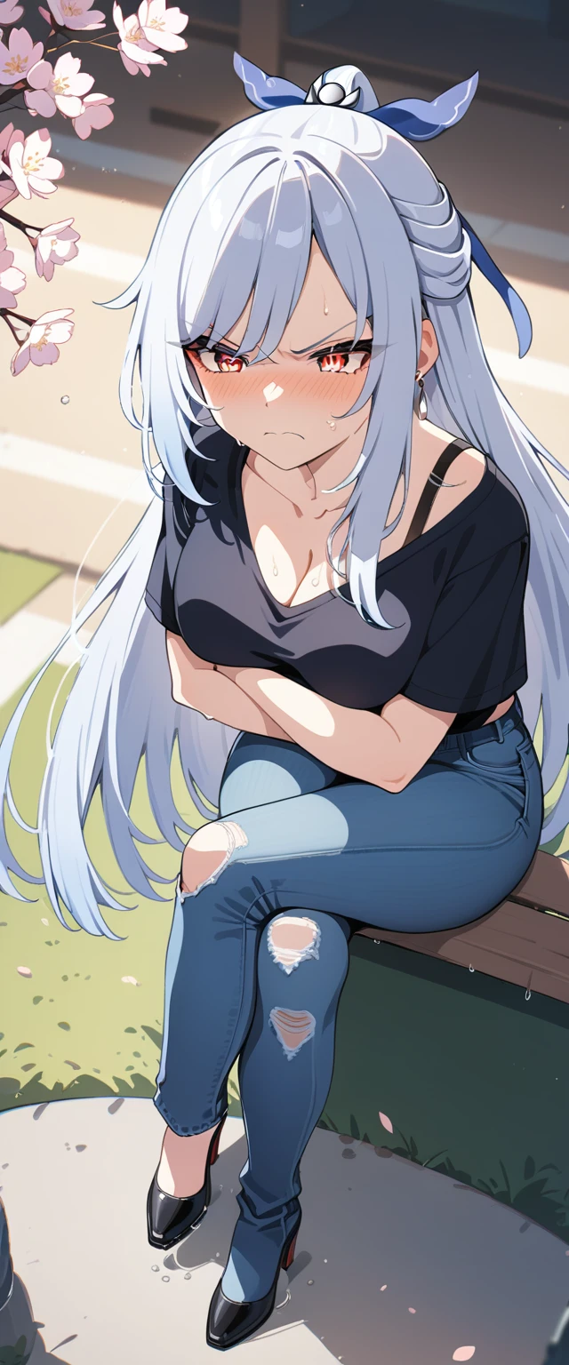 (masterpiece:1.37), best quality, (extremely detailed:1.37), (1girl:1.5), woman, (mature:1.5), (adult:1.5), jingliu, white hair, long hair, ponytail, hair ribbon, red eyes, earrings, jewelry, (jeans:1.25), (extremely detailed eyes:1.37), (wetting self:1.75), desperation, (standing:1.75), embarrassed, humiliation, blushing, (angry:1.5), cherry blossoms, garden, (golden hour:1.5), full body, (legs crossed:1.75), from above