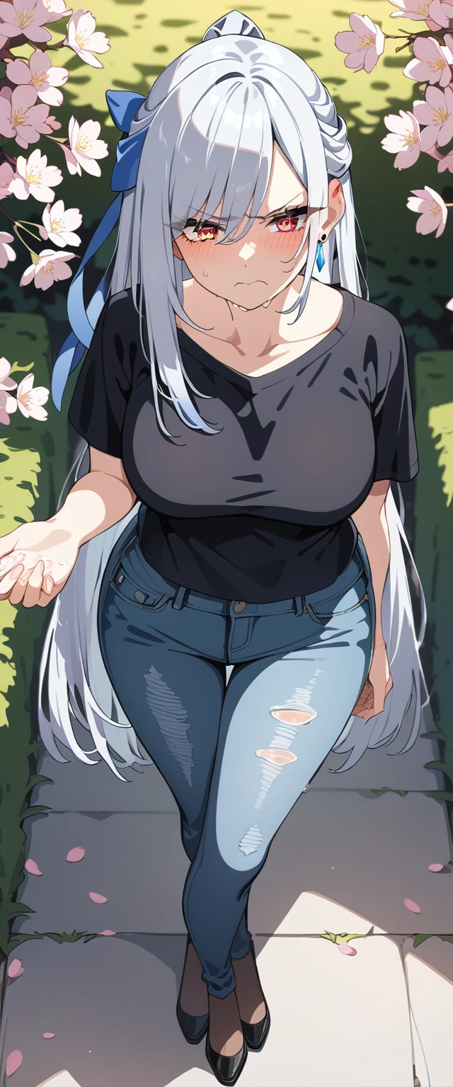 (masterpiece:1.37), best quality, (extremely detailed:1.37), (1girl:1.5), woman, (mature:1.5), (adult:1.5), jingliu, white hair, long hair, ponytail, hair ribbon, red eyes, earrings, jewelry, jeans, (extremely detailed eyes:1.37), (wetting self:2.0), desperation, (standing:1.5), embarrassed, humiliation, blushing, angry, cherry blossoms, garden, (golden hour:1.5), full body, (crossing legs:1.5), from above