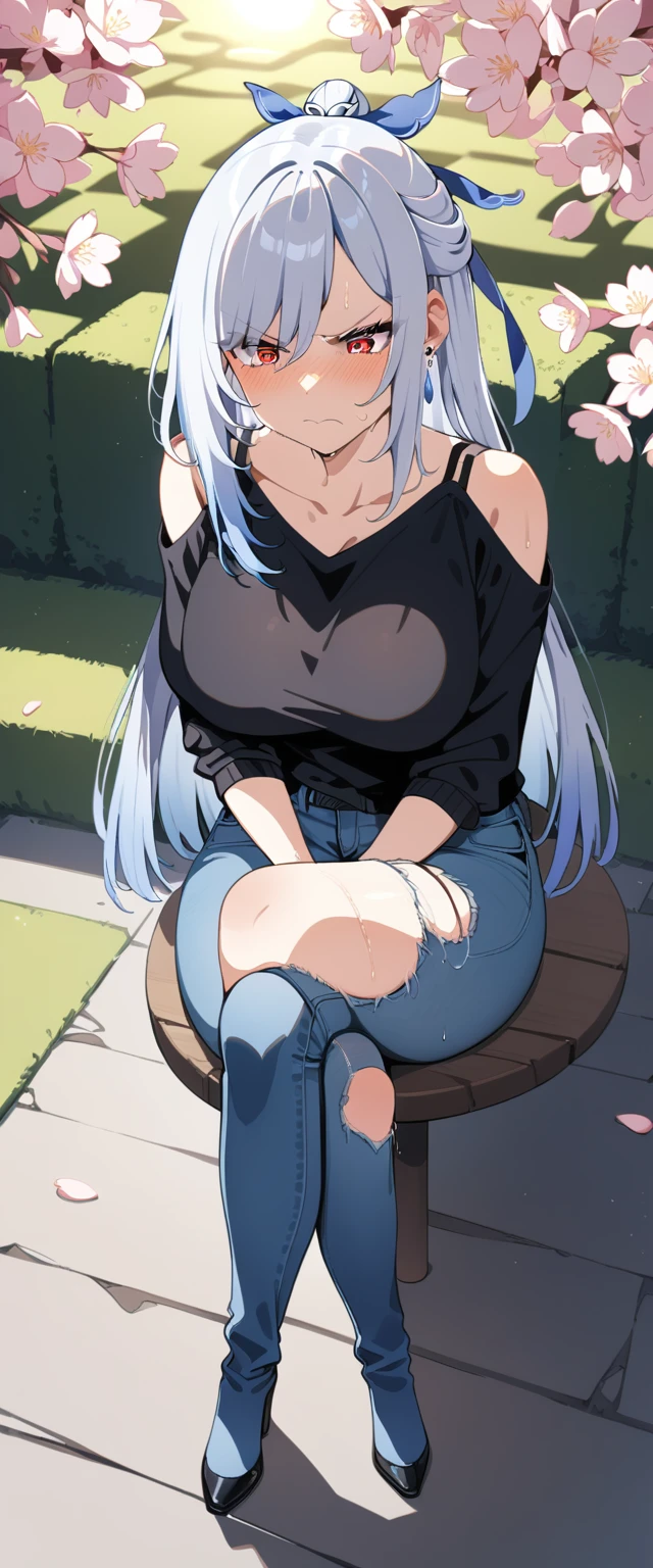 (masterpiece:1.37), best quality, (extremely detailed:1.37), (1girl:1.5), woman, (mature:1.5), (adult:1.5), jingliu, white hair, long hair, ponytail, hair ribbon, red eyes, earrings, jewelry, (jeans:1.25), (extremely detailed eyes:1.37), (wetting self:1.75), desperation, (standing:1.75), embarrassed, humiliation, blushing, (angry:1.5), cherry blossoms, garden, (golden hour:1.5), full body, (crossing legs:1.75), from above