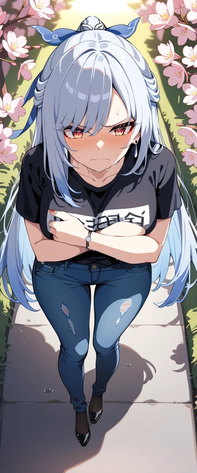 (masterpiece:1.37), best quality, (extremely detailed:1.37), (1girl:1.5), woman, (mature:1.5), (adult:1.5), jingliu, white hair, long hair, ponytail, hair ribbon, red eyes, earrings, jewelry, (jeans:1.25), (extremely detailed eyes:1.37), (wetting self:1.75), desperation, (standing:1.75), embarrassed, humiliation, blushing, (angry:1.5), cherry blossoms, garden, (golden hour:1.5), full body, (crossing legs:1.75), from above