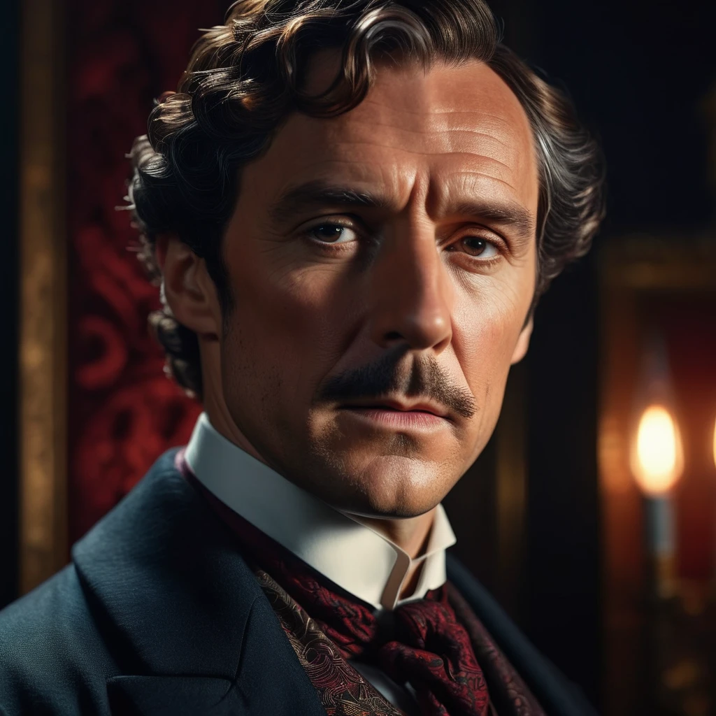 a highly detailed, hyper-realistic, 8k, cinematic portrait of Sherlock Holmes, intricate facial features, piercing gaze, elegant Victorian attire, moody atmospheric lighting, dark and mysterious background, sharp focus, dramatic composition, rich color palette, chiaroscuro lighting, oil painting style