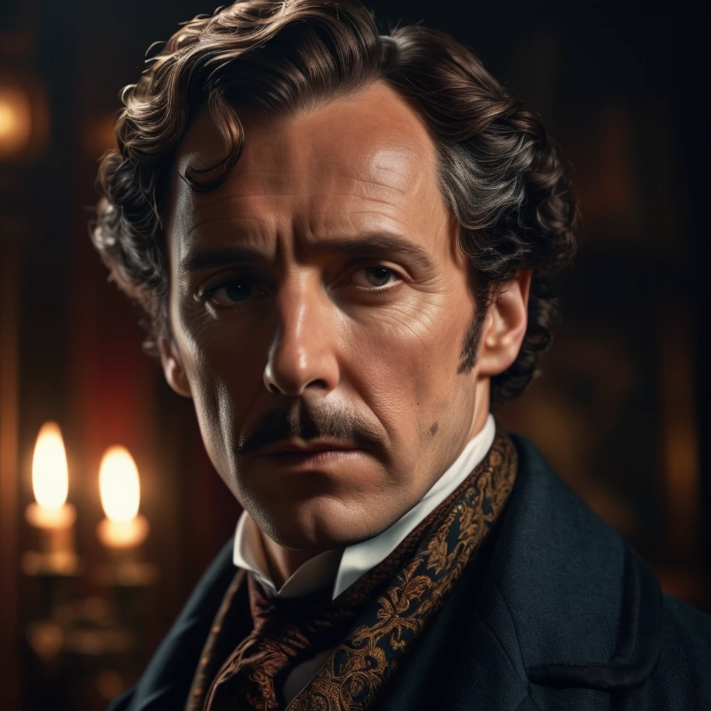 a highly detailed, hyper-realistic, 8k, cinematic portrait of Sherlock Holmes, intricate facial features, piercing gaze, elegant Victorian attire, moody atmospheric lighting, dark and mysterious background, sharp focus, dramatic composition, rich color palette, chiaroscuro lighting, oil painting style