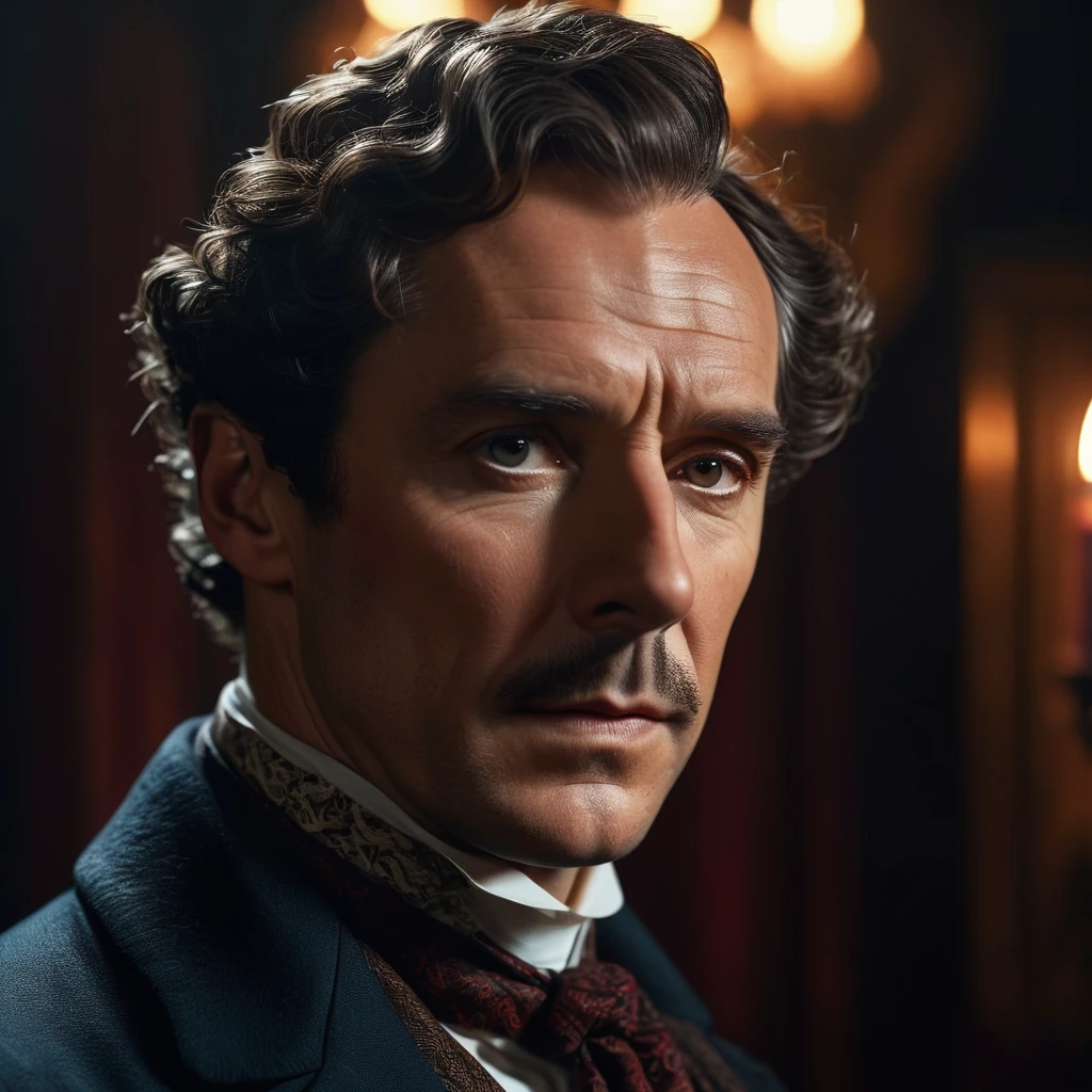 a highly detailed, hyper-realistic, 8k, cinematic portrait of Sherlock Holmes, intricate facial features, piercing gaze, elegant Victorian attire, moody atmospheric lighting, dark and mysterious background, sharp focus, dramatic composition, rich color palette, chiaroscuro lighting, oil painting style