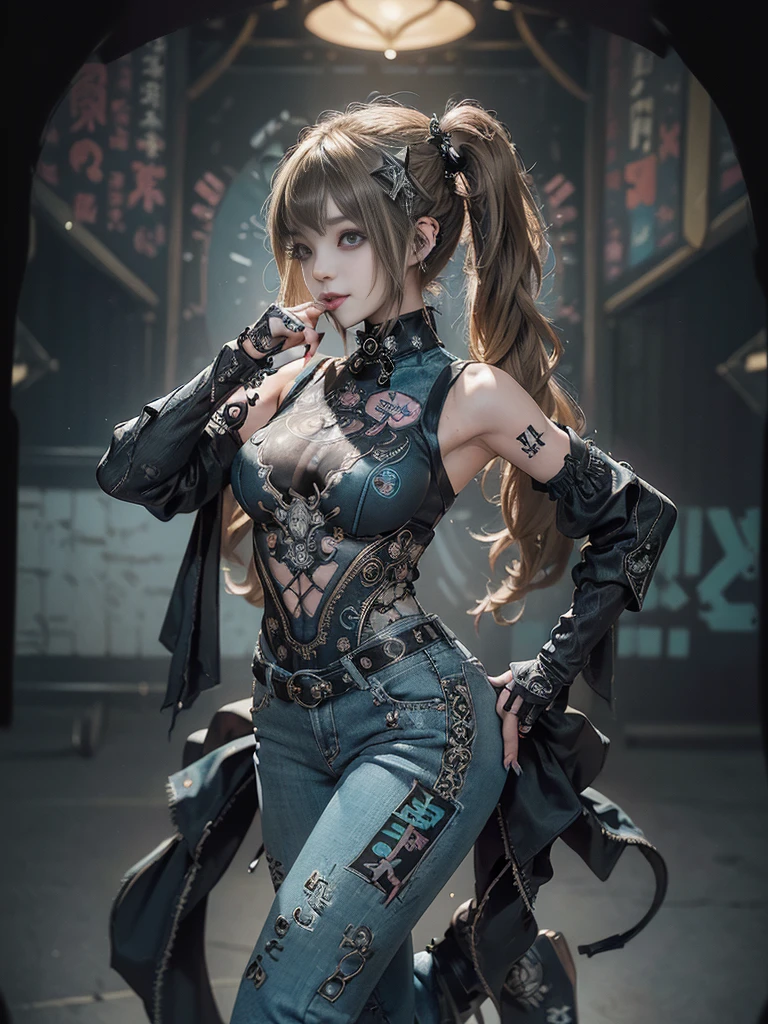 (Full Body View:1.3)、(Side view:1.2)、(Smiling with teeth showing:1.4),(Shibuya Gal:1.5)、(Gothic Lolita style fashion:1.5)、(Punk RockVisual Kei:1.5)、(Wearing a rhythmic gymnastics bodysuit with intricate details:1.4)、(Racing suit and pants with intricate turquoise, denim and charcoal decorations:1.5)、(Denim and light blue and turquoise boots:1.3)、((belt))、(Numerous delicate logo marks all over the costume:1.4)、(collar:1.3)、(Polka dot underwear:1.5)、20-year-old、NSFW、((Highest quality、In 8K、masterpiece:1.3))、Sharp focus:1.2、(Layered Cut、Huge boobs:1.1),Beautiful woman with perfect figure:1.4、(Doing a ballerina pose:1.3)、Slender Abs:1.2、Highly detailed face and skin texture、Detailed eyes、double eyelid,(Twin tails:1.3)、(Brown-golden hair:1.3)、Gravure idol、(The background is the stage of the fashion show:1.3)、(Slim Body:1.3),(Make your legs thinner:1.4),(clavicle:1.1)