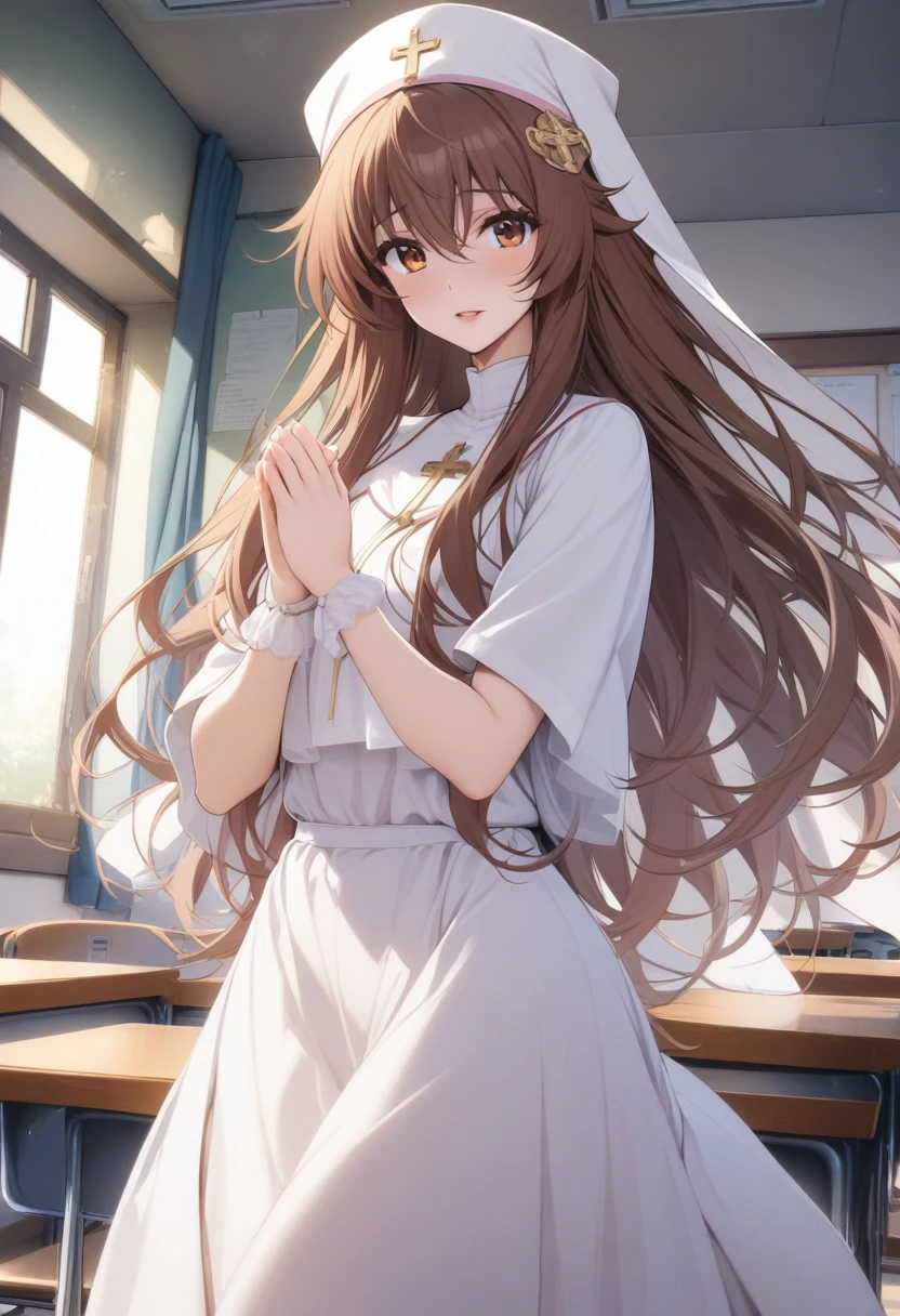masterpiece, best quality, very aesthetic, absurdres, 1girl, mature_lady,nun_clothes, crucifix, praying, holy_light ,,yuuki_mikan( to_love-ru), to_love-ru, 1girl, orange_eyes,long_hair, brown_hair, hair_ornament,,in classroom,floating_hair,