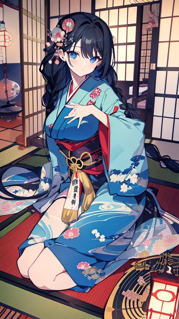 Masterpiece, Superb Product, Night, Full Moon, 1 Woman, Mature Woman, (Goddess Izanami), Japanese God, Japanese Style, Old Japanese, Sister, Royal Sister, Forced Smile, (Black Eyes), (Golden and Blue Kimono), Brown Hair, Updo, Red Lips, Insecurity, Intellectual, Hairpin, Loose Hair, (Long Hair), Facial Details, Detailed Eyes, Full Body, Dark Eyes, Long Hair, Hydrangeas, Sensual Woman