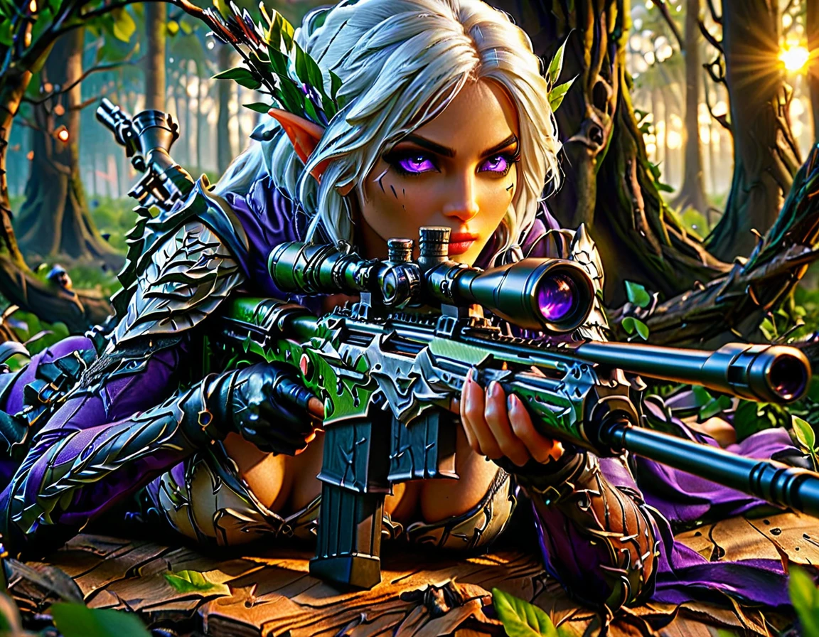 a portrait picture of a 1single female drow elf sniper, lying on a tree branch aiming a sniper rifle, an exotic beautiful elf sniper, white hair, braided hair, (black skin: 1.3),  intense purple eyes, ultra detailed face, small pointed ears, forest green camouflage cloths, on top of a epic fantasy tree, aiming a Barret M82, fantasy fores background, its sunset, sun rays, some clouds,  (full body shot: 1.1) , vibrant, Ultra-high resolution, High Contrast, (masterpiece:1.5), highest quality, Best aesthetics), best details, best quality, highres, ultra wide angle, 16k, [ultra detailed], masterpiece, best quality, (extremely detailed) Sniper Rifle, Intense gaze
