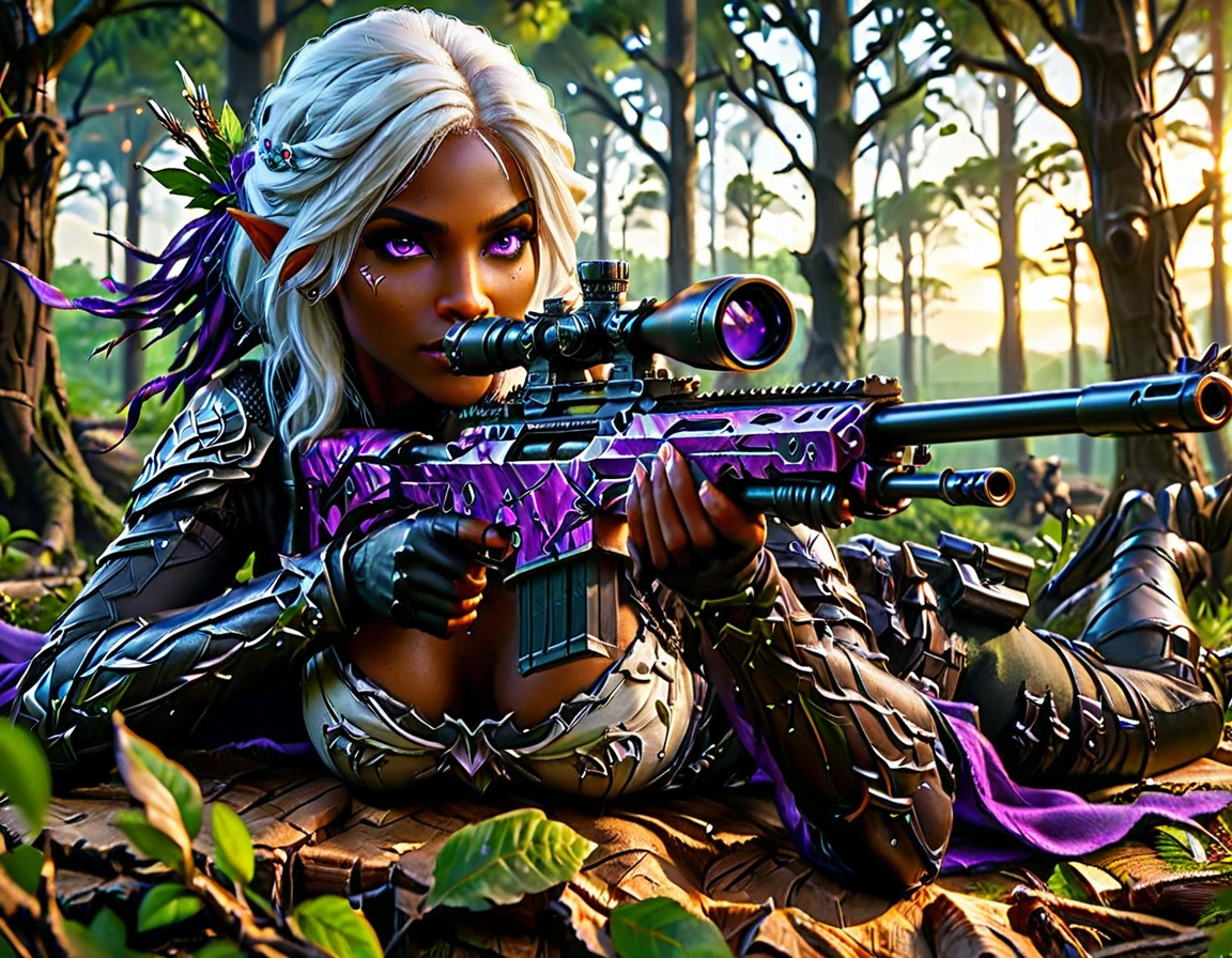 a portrait picture of a 1single female drow elf sniper, lying on a tree branch aiming a sniper rifle, an exotic beautiful elf sniper, white hair, braided hair, (black skin: 1.3),  intense purple eyes, ultra detailed face, small pointed ears, forest green camouflage cloths, on top of a epic fantasy tree, aiming a Barret M82, fantasy fores background, its sunset, sun rays, some clouds,  (full body shot: 1.1) , vibrant, Ultra-high resolution, High Contrast, (masterpiece:1.5), highest quality, Best aesthetics), best details, best quality, highres, ultra wide angle, 16k, [ultra detailed], masterpiece, best quality, (extremely detailed) Sniper Rifle, Intense gaze
