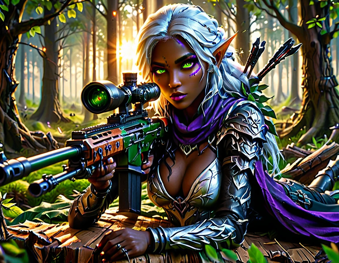 a portrait picture of a 1single female drow elf sniper, lying on a tree branch aiming a sniper rifle, an exotic beautiful elf sniper, white hair, braided hair, (black skin: 1.3),  intense purple eyes, ultra detailed face, small pointed ears, forest green camouflage cloths, on top of a epic fantasy tree, aiming a Barret M82, fantasy fores background, its sunset, sun rays, some clouds,  (full body shot: 1.1) , vibrant, Ultra-high resolution, High Contrast, (masterpiece:1.5), highest quality, Best aesthetics), best details, best quality, highres, ultra wide angle, 16k, [ultra detailed], masterpiece, best quality, (extremely detailed) Sniper Rifle, Intense gaze
