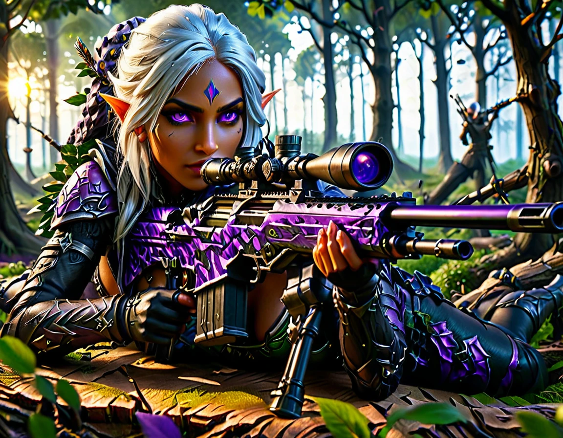 a portrait picture of a 1single female drow elf sniper, lying on a tree branch aiming a sniper rifle, an exotic beautiful elf sniper, white hair, braided hair, (black skin: 1.3),  intense purple eyes, ultra detailed face, small pointed ears, forest green camouflage cloths, on top of a epic fantasy tree, aiming a Barret M82, fantasy fores background, its sunset, sun rays, some clouds,  (full body shot: 1.1) , vibrant, Ultra-high resolution, High Contrast, (masterpiece:1.5), highest quality, Best aesthetics), best details, best quality, highres, ultra wide angle, 16k, [ultra detailed], masterpiece, best quality, (extremely detailed) Sniper Rifle, Intense gaze
