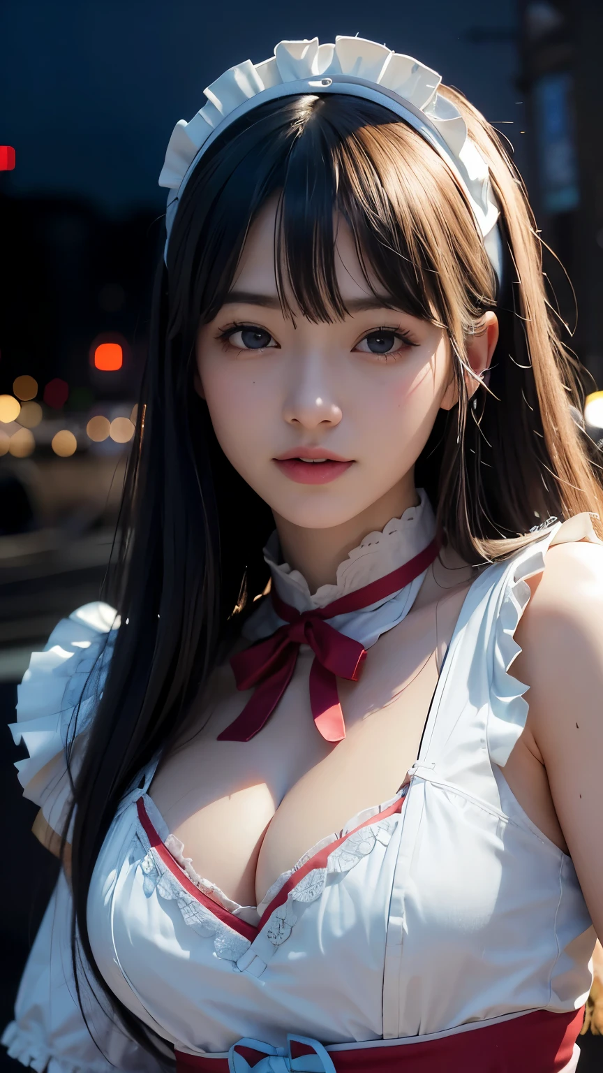 ((realism:1.3、Realistic:1.3、Photorealistic:1.3))、超A high resolution、(Portrait)、Surreal、Super detailedな、Ultra-compactな、 One girl, Very small face、((Japanese style maid))、(In the middle of the night), Neon Light, (Rainbow Hair), Blurred Background, hair ornaments, Side Lock、(masterpiece:1.5、Highest quality、Highest quality、Highest Resolution、Super detailed、Ultra-compact、Octane Rendering、SLR、High Resolution、RAW Photos、Realistic textured face and skin),Dynamic Pose、Dynamic Action、Jumping、Stadium、High angle shot、smile、Super big breasts、Anatomically correct、Degrees of Freedom:1.5、Bring your face closer、Close-up of face、