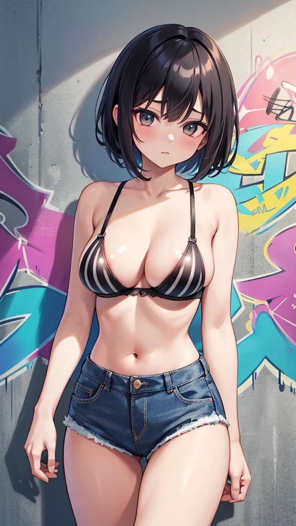  nsfw,(Cowboy Shot), (Highest quality, Ultra-high resolution, Written boundary depth:1.2), Adult, 1 female, Toned body, Mid-chest, Wide Hips, alone, Black Hair, Striped Hair, short hair, bangs, (((Black bra,show off nipple))), Denim shorts, (graffiti:1.4), Painted clothing, Hunchback, Against the wall, View your audience, Upturned eyes, Tilt your head, boredom, Place your arms at your sides and relax..