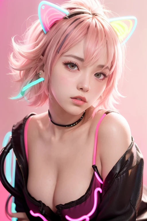 masterpiece, Highest quality, Realistic, 4K, Bokeh, Awareness-raising, (1 perfect portrait of a girl), (A fascinating eye for perfect detail), Colorful Hair, (Gradient Hair), (Neon pink hair:1.6), (Cat ear:1.2), Slim and tall figure, Fantasy Background, Exposed bare shoulders, Long-term alienation sleeve, Lean forward slightly, If you look up, hair ornaments , tilt your head slightly, , Cinema Lighting, Larger clothes, ((Seductive pose)), (neon pink background:1.6), close,