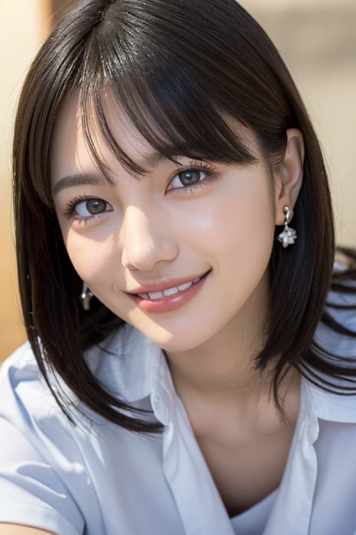 (High resolution、High resolution、high quality、High resolution、すべてをHigh resolutionで描画する)、Vivid crystal light blue eyes、Very small diamond-shaped earrings、Look straight at the camera、Listen carefully、light in your eyes、droppy big eyes,Beautiful very short black hair、Beautiful hair with beautiful and very short bangs、Straight beauty Bang、Beautiful neckline、Beautiful 28 years old、Lip gloss、Long neck、smile、Beautiful teeth alignment、beauty、Beautiful woman、Pure white open-collar business shirt、A pure white business shirt with an open chest、medium breasts,cleavage,Lengthen the left and right ends of your bangs、Beautiful composition、Roll up the sleeves of a long-sleeved business shirt:1.4、Beautiful Supermodel、Naked from the waist up,(looseroom,loose:1.25)