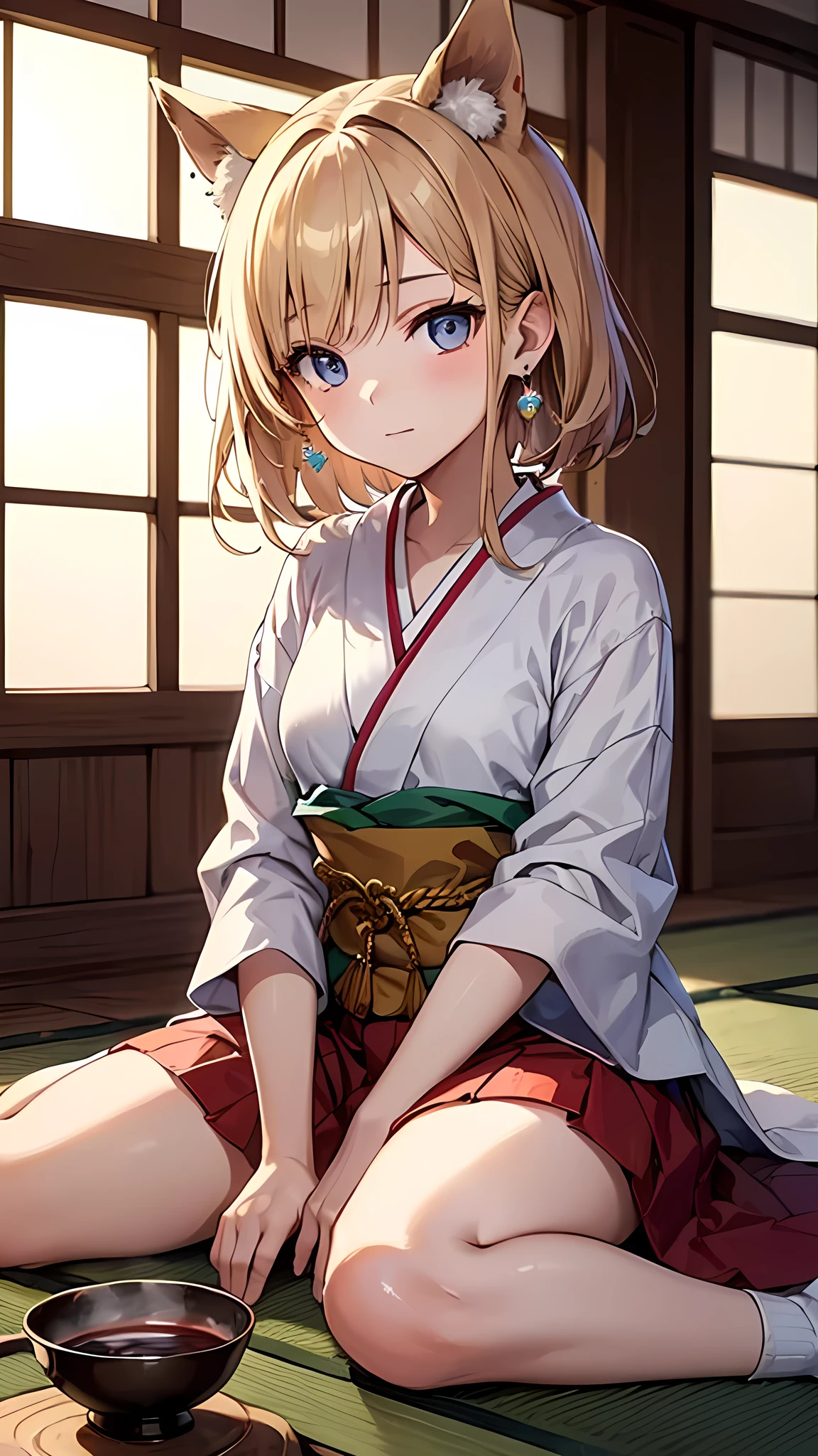 (masterpiece, best quality:1.3), 1 girl, solo, teenager,(top quality eyes:1.3),A 15-year-old girl with dark blonde hair is sitting in a traditional Japanese room at home, seated in a "wariza" pose. Behind her, beautiful shoji screens add to the serene ambiance. Her eyes are a deep blue, and small pearl earrings glisten on her ears. She has a calm expression, relaxing with her favorite japanese tea set in front of her.