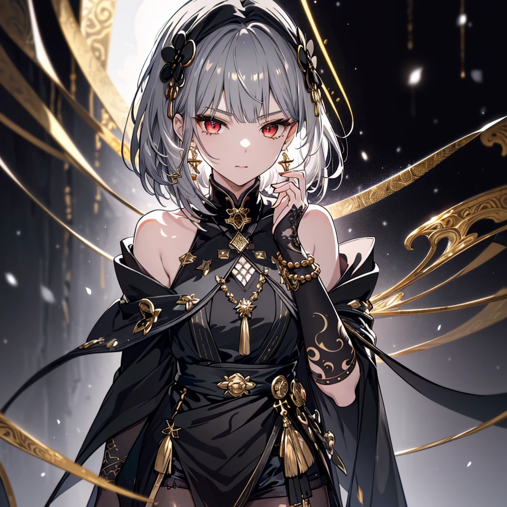 8k,High resolution RAW color art, Anime Art,Silver Marble Skin, (((Very detailed and cool))), Detailed skin, Bokeh、texture,(Exquisitely crafted, The finer details, Ultra-detailed art), (((1 girl))), Depth of written boundary, Silky Touch, Hyper Detail, (((Cool face))), eye shadow、Armed women, Beautiful detailed red eyes, Beautiful lip detail, Highly detailed face, Delicate depiction of hair and eyes, Detailed Fashion, Golden Earrings,Full body depiction, Black half top、Shoulder Bare、Black shorts、Waist Cloak、black tights、Golden decoration, Grey Hair, Golden bracelet, Straight Hair、Short Hair、(((Hair)))、Calm background、(((Black theme)))、snow、Side view、Crouch、look up