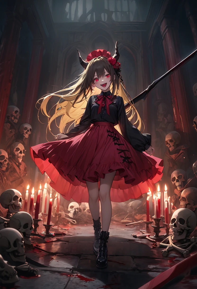 (Highest quality,4K,High resolution,masterpiece:1.2),Very detailed,Realistic:1.37,masterpiece, Highest quality, Exquisitely crafted, woman, beautiful, elegant, smile, Blood, iridescent Long Hair, bangs, skirt, shirt, Long sleeve, Frills, shoes, (Red and Black:1.4), flower, Spooky, Horror, 頭蓋Bones, Long Hair, Black Hair, Candles, Blood, hair flower, The dead, hair ornaments, Bone, doll, 頭蓋Bone, skeleton, Horror (theme),Spooky altar background,Dark fantasy,Red color scheme,Ominous atmosphere,Eye-catching,Storytelling,anatomy,Anime Style,Concept Art,beautiful細部までこだわった顔と (((Red eyes ))),Terrifying Ritual ,Satanic Ritual,Untimely Death,Unjust act,クレイジーなsmile,Scythe Face,Girl Monster, beautiful, Delicate facial features, Sharp Eye, Sharp Fangs, Pale skin, Blonde,robot,Cursed Painting, Dark Background, Cinema Lighting, Dramatic Shadows, Gothic style, Gloomy atmosphere, Dark fantasy, One Girl, , Please open your mouth wide, Open your mouth and baring your teeth,Sharp teeth like a beast, Wide lips, very wide mouth, Vermilion cheeks, ,(Bloodしぶき:1.4),Scary smile, laugh at,Fallen angel design, ねじれたsmile、Bloodまみれの、頭からの出Blood,、Bloodしぶき、,(Bloodしぶき:1.4),Crossbones, 頭蓋Bone,Horrorスタイル, ((Fantasy Fallen Angel Costume)), ((流れるようなBlack Hair)), ,(Bloodしぶき:1.4),womanの曲線, Sexy flat stomach, Perfect hands, Perfect anime face, ((White ****ta Dress)), Are standing, ((邪悪なsmile)), ,(Bloodしぶき:1.4), Steam circulates, Moonlight Illumination, night lighting, disaster々new devil horns,,(Bloodしぶき:1.6),アニメFallen angel design, ねじれたsmile、Bloodまみれの、頭からの出Blood,、Bloodしぶき、,(Bloodしぶき:1.4),Crossbones, 頭蓋Bone,Gothic architecture、Western architecture、Fantasy World、,Victorian cities, 骸Boneのガス灯,