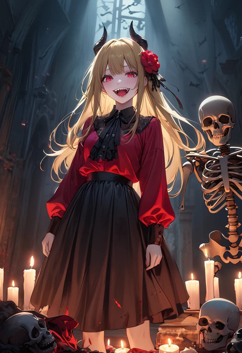 (Highest quality,4K,High resolution,masterpiece:1.2),Very detailed,Realistic:1.37,masterpiece, Highest quality, Exquisitely crafted, woman, beautiful, elegant, smile, Blood, iridescent Long Hair, bangs, skirt, shirt, Long sleeve, Frills, shoes, (Red and Black:1.4), flower, Spooky, Horror, 頭蓋Bones, Long Hair, Black Hair, Candles, Blood, hair flower, The dead, hair ornaments, Bone, doll, 頭蓋Bone, skeleton, Horror (theme),Spooky altar background,Dark fantasy,Red color scheme,Ominous atmosphere,Eye-catching,Storytelling,anatomy,Anime Style,Concept Art,beautiful細部までこだわった顔と (((Red eyes ))),Terrifying Ritual ,Satanic Ritual,Untimely Death,Unjust act,クレイジーなsmile,Scythe Face,Girl Monster, beautiful, Delicate facial features, Sharp Eye, Sharp Fangs, Pale skin, Blonde,robot,Cursed Painting, Dark Background, Cinema Lighting, Dramatic Shadows, Gothic style, Gloomy atmosphere, Dark fantasy, One Girl, , Please open your mouth wide, Open your mouth and baring your teeth,Sharp teeth like a beast, Wide lips, very wide mouth, Vermilion cheeks, ,(Bloodしぶき:1.4),Scary smile, laugh at,Fallen angel design, ねじれたsmile、Bloodまみれの、頭からの出Blood,、Bloodしぶき、,(Bloodしぶき:1.4),Crossbones, 頭蓋Bone,Horrorスタイル, ((Fantasy Fallen Angel Costume)), ((流れるようなBlack Hair)), ,(Bloodしぶき:1.4),womanの曲線, Sexy flat stomach, Perfect hands, Perfect anime face, ((White ta Dress)), Are standing, ((邪悪なsmile)), ,(Bloodしぶき:1.4), Steam circulates, Moonlight Illumination, night lighting, disaster々new devil horns,,(Bloodしぶき:1.6),アニメFallen angel design, ねじれたsmile、Bloodまみれの、頭からの出Blood,、Bloodしぶき、,(Bloodしぶき:1.4),Crossbones, 頭蓋Bone,Gothic architecture、Western architecture、Fantasy World、,Victorian cities, 骸Boneのガス灯,
