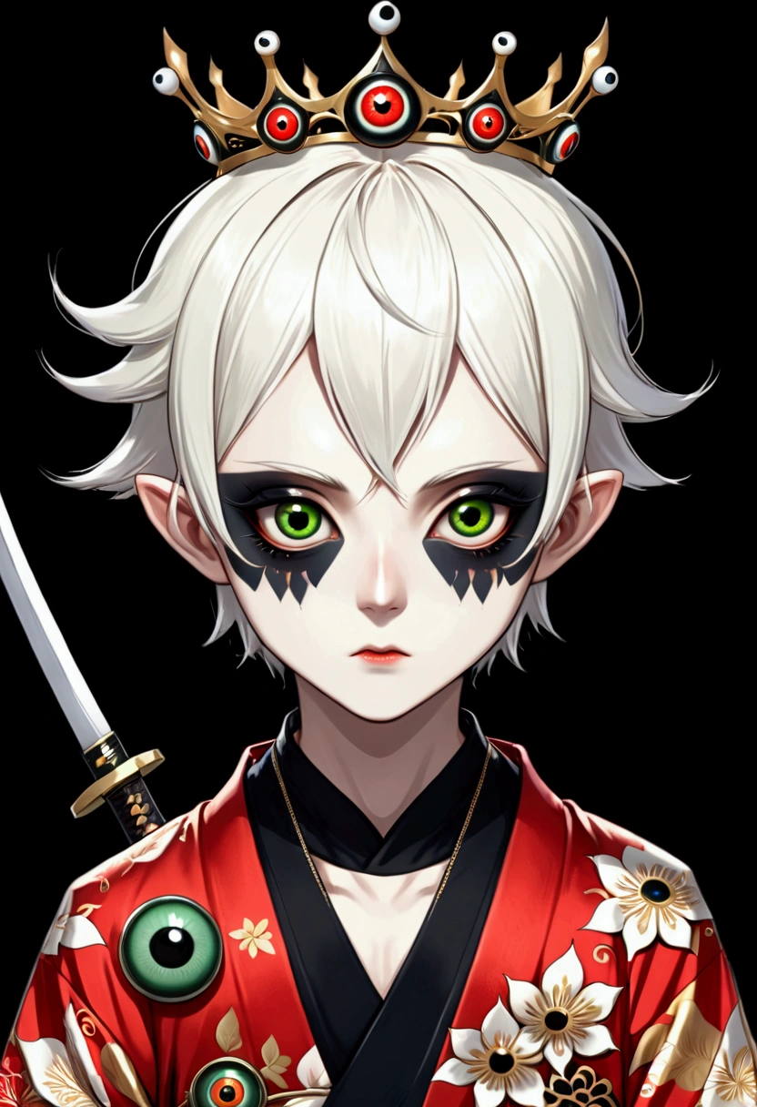 Japanese Anime，Second Dimension，Horror style，horror character，(((Three-eyed boy，third eye on the forehead:1.1.Dark eyeshadow，White short hair，Elf ears，Exaggerated golden crown-eyeball decoration))),(((Gorgeous Japanese red kimono，Eye pattern，Dark Pattern))).(((Thin waist，Green belt：1.6))).(((Katana in hand)))，(style of santiago caruso,Tattoo on the neck)，Black background blur
