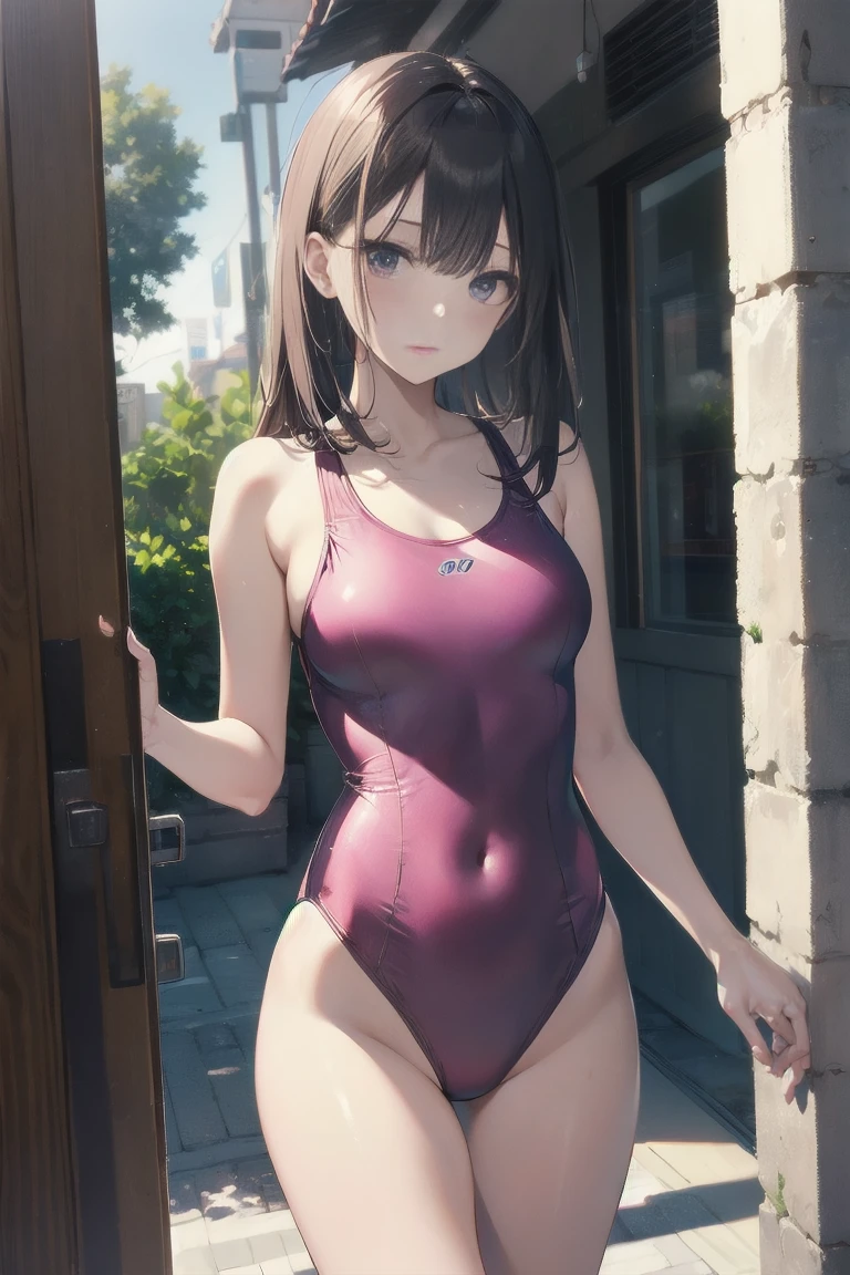 high quality、最high quality、Ultra-high resolution、Slender beauty、All pink swimsuit、Embarrassed look、Pleasant expression、Droopy eyes、crack