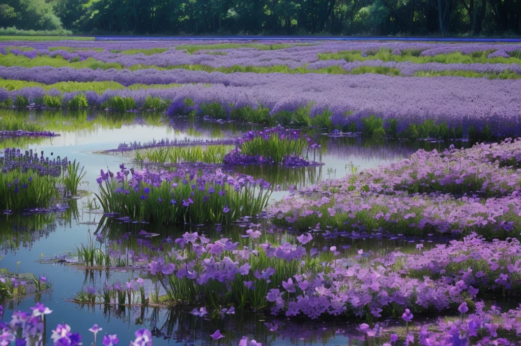 purple flowers are growing near a body of water, spirited water plants, vicious snapping alligator plant, aquatic plants, river with low hanging plants, vegetation and flowers, mediumslateblue flowers, marsh vegetation, aquatical plants, beautiful image, blue and purple plants, indigo blooming flowers garden, bullrushes, 2000s photo, salvia